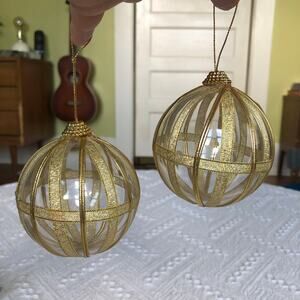 Vintage Glass Ribbon-Cage Ball Ornaments Pair Gold 3.5" Hollywood Regency Glam